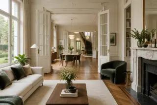 Intérieur rénové d’une maison de maître bruxelloise avec moulures, parquet ancien, cheminée en marbre et mobilier contemporain.